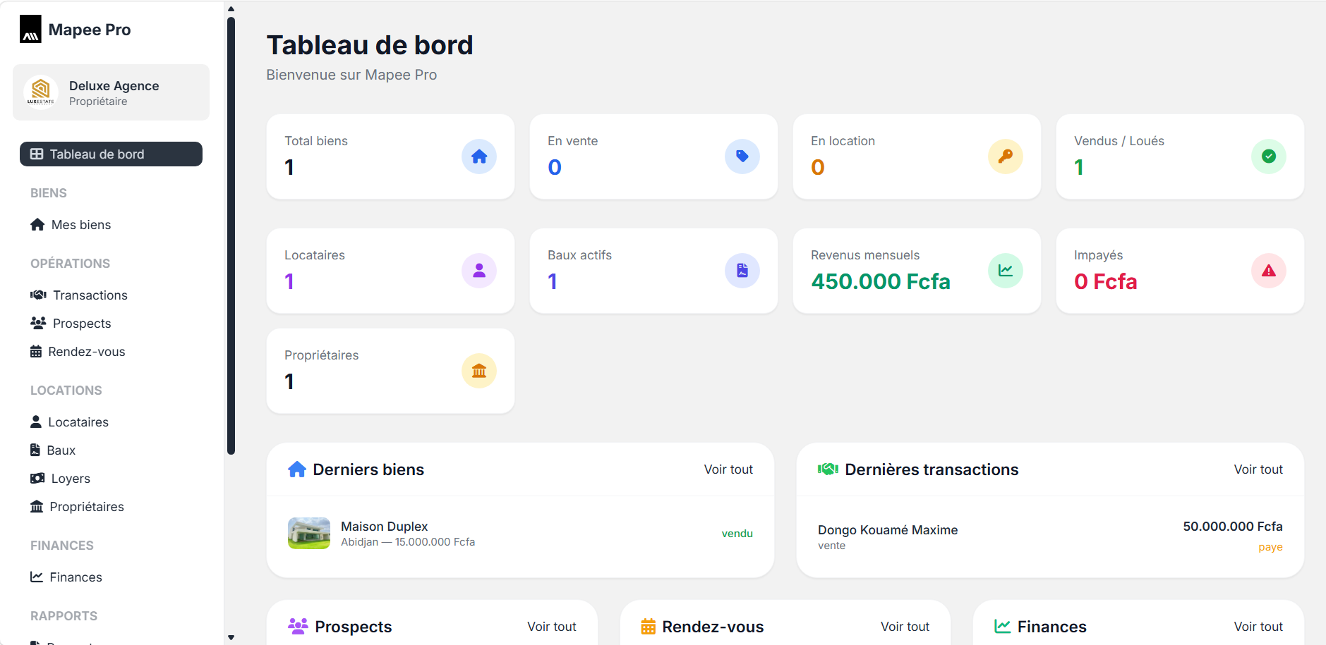 Apercu du tableau de bord Mapee Pro